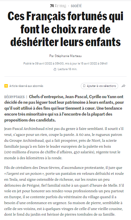 SeaBird dans la presse - Le Monde "Ces Français fortunés qui font le choix rare de déshériter leurs enfants."