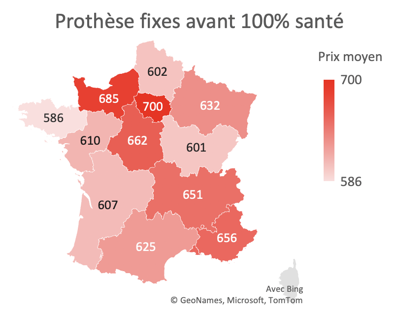 Impact du dispositif 100% santé sur les inégalités territoriales de tarifs - prothèses fixes avant 100% santé