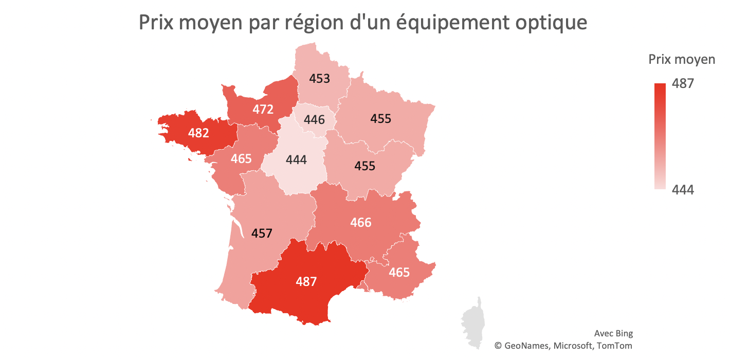 L'offre 100% santé optique - prix moyen par région d'un équipement optique