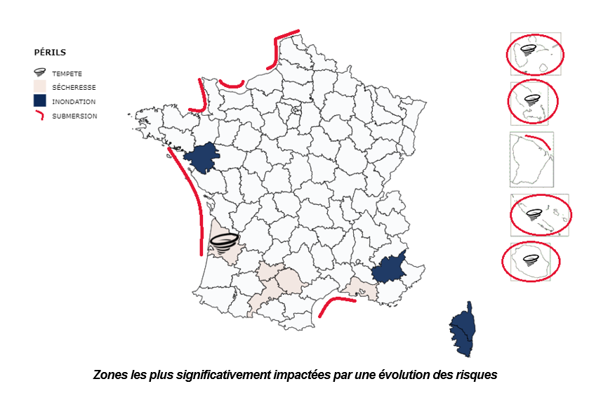 Zones les plus significativement impactées par une évolution des risques