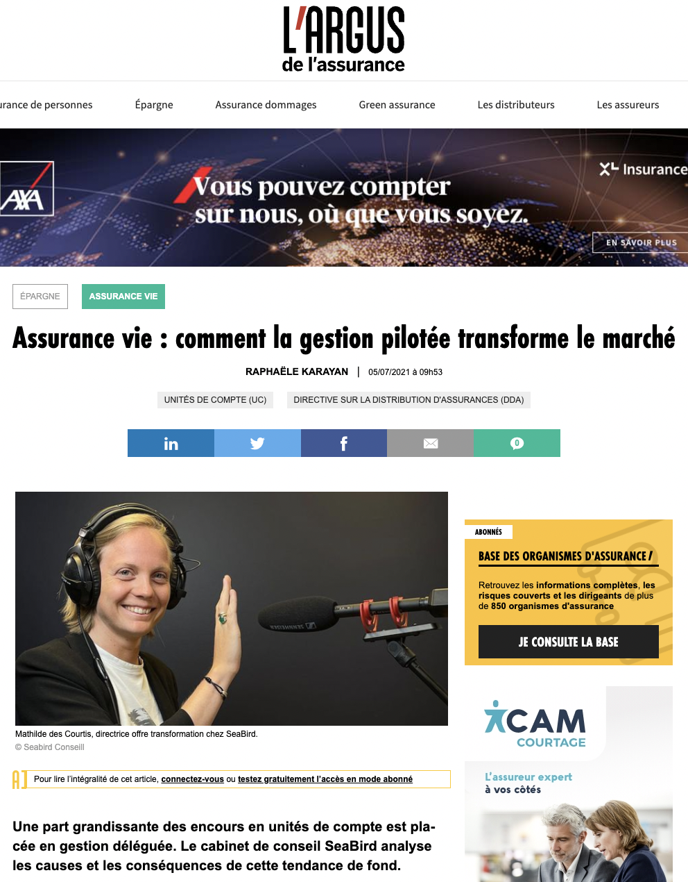 SeaBird dans la presse - L'argus de l'Assurance "Assurance vie : comment la gestion pilotée transforme le marché"