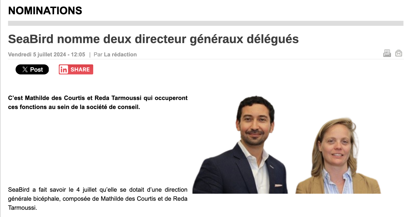Gestion de fortune - Nomination direction générale SeaBird