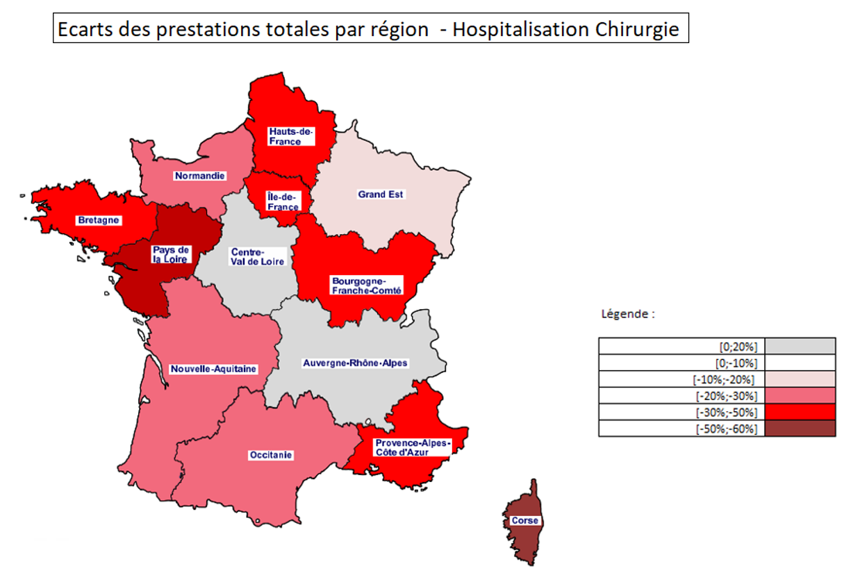 Ecarts des prestations totales par région - Hospitalisation Chirurgie - Impact de la pandémie Covid-19 et du 100% santé sur les contrats santé individuels