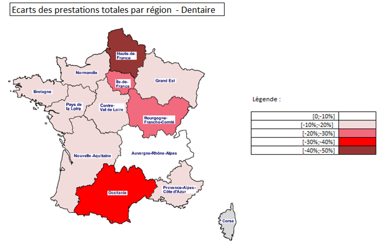 Evolution prestations par région Dentaire - Impact de la pandémie Covid-19 et du 100% santé sur les contrats santé individuels